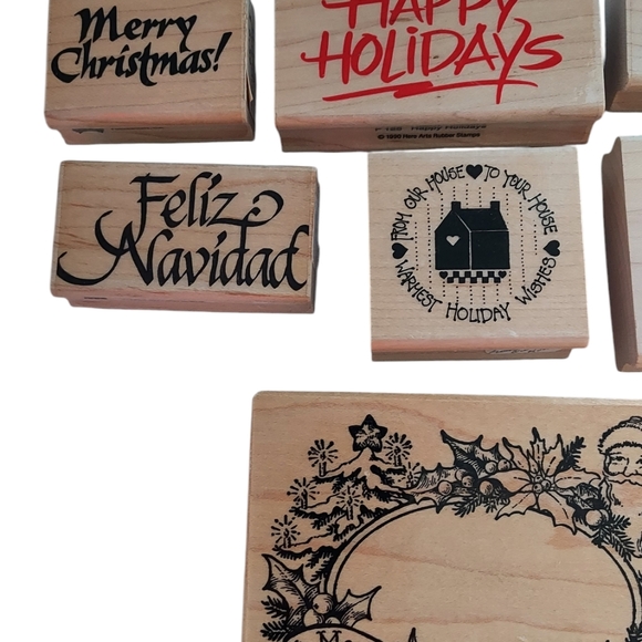 Wooden Merry Christmas Happy Holiday Rubber Stamps Lot Of 7 Assorted - Picture 2 of 7